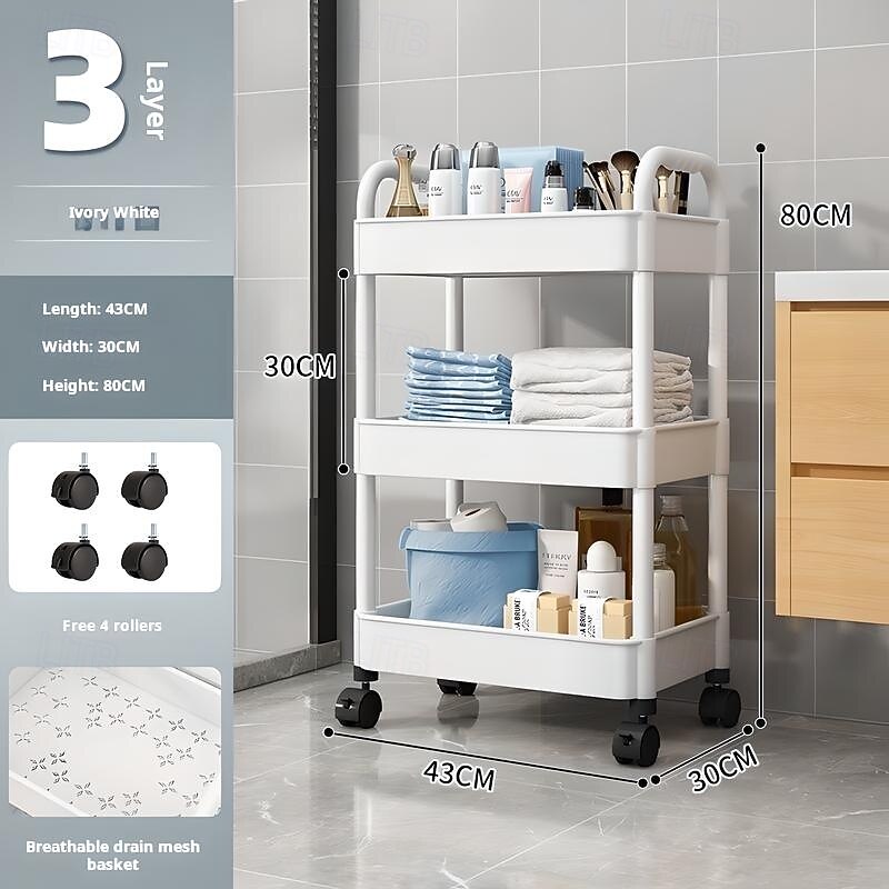 3/4 Tier Plastic Rolling Utility Cart with Handle, Multi-Functional Storage Trolley for Office, Living Room, Kitchen, Movable Storage Organizer with Wheels, White/Black3