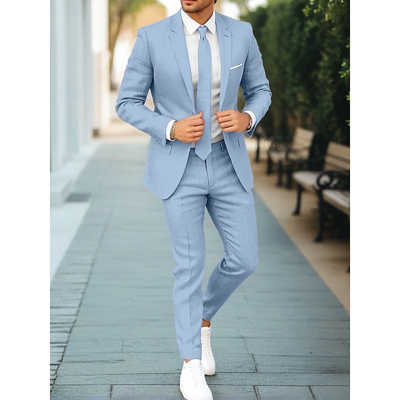 Men's Wedding Linen Suits Dark Khaki Light Khaki Business Formal Solid Colored Standard Fit 2 Piece Single Breasted One-button4