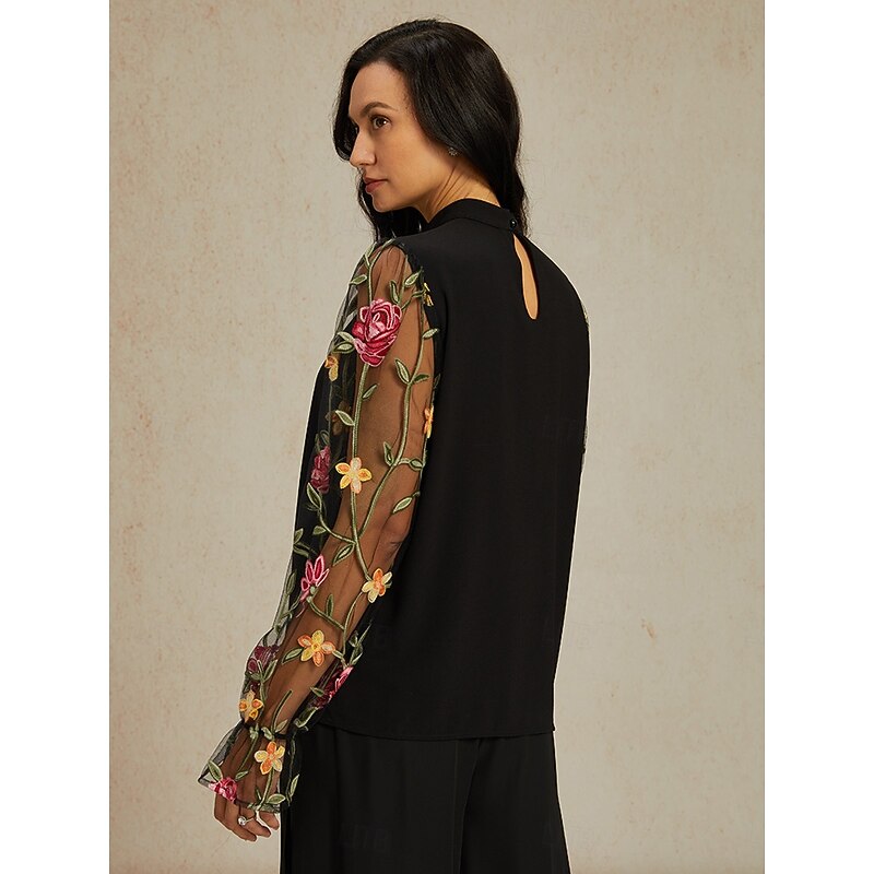 Women's Tunic Solid Color Plain Elegant Casual Long Sleeve Crew Neck Regular Tops Daily Embroidered Mesh Black Spring Fall2