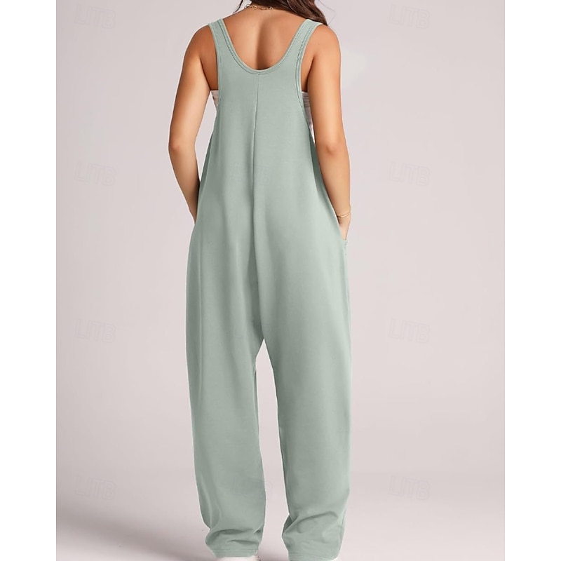 Women's Normal Dungarees Jumpsuit Streetwear Solid Color Sleeveless V Neck Pocket Going out Weekend Regular Fit Black Light Green Pink Summer3