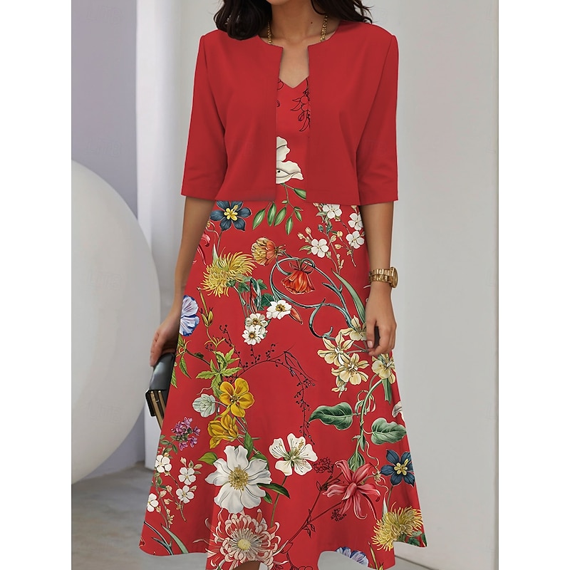 Women's Two Piece Dress Sets Midi Dress with Jacket Elegant A Line Dress Half Sleeve Party Cocktail Floral Print V Neck Wedding Guest Daily Red Blue Purple Regular Fit
