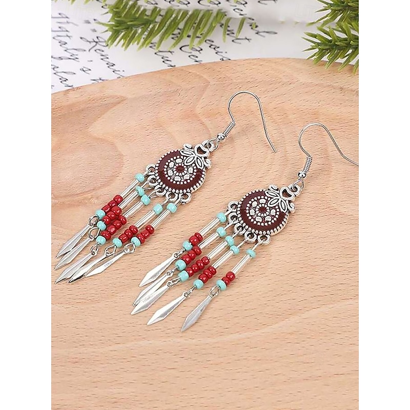Bohemian Style Beaded Dangle Earrings for Women - Colorful Red and Blue, Tribal Chic, Perfect for Summer, Festivals and Casual Outfits4