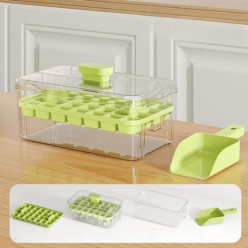 Ice Cube Tray with Lid & Bin, Ice Cube Mold for Freezer,Ice Make for Whiskey Cocktail, Tea, Coffee(2 Trays, Container, Lid & Ice Scoop)3