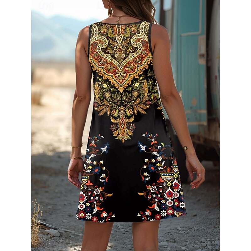 Women's Boho Dress Western Dress Vintage Mini Dress A Line Dress Summer Dress Off The Shoulder Dress Vacation Casual Holiday Regular Fit Ombre Graphic Abstract Sleeveless U Neck Yellow Summer4