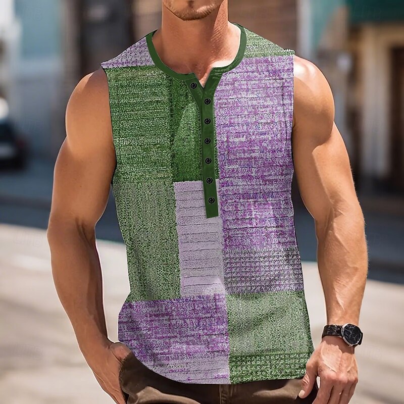 Men's Patchwork Vintage Tank Top Henley Shirt Sleeveless Vintage Fashion Designer Outdoor Casual Daily Summer Spring &  Fall Blue Gray Green Khaki Henley Henley T-Shirt3
