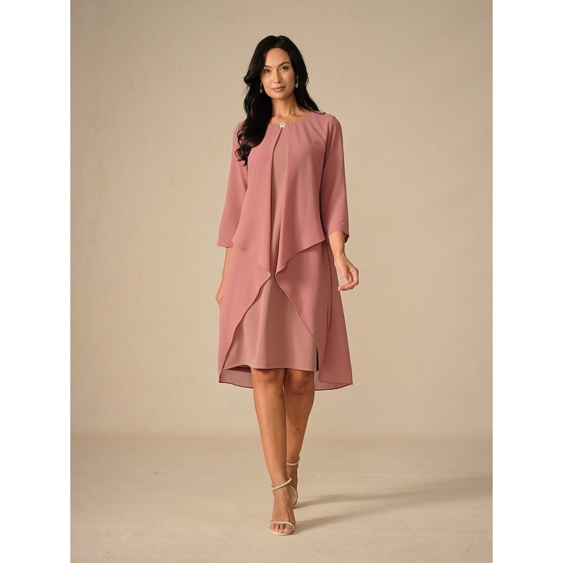 Women's Midi Dress A Line Dress Chiffon Party Birthday Cocktail Wedding Guest Cocktail Party Regular Fit Solid Color 3/4 Length Sleeve Crew Neck Pink Summer