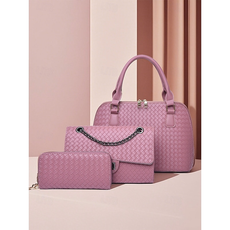 Women's 3-Piece Brown Woven Faux Leather Handbag Set – Elegant Tote, Crossbody Bag, and Wallet for Work, Travel, and Daily Use Black White Pink