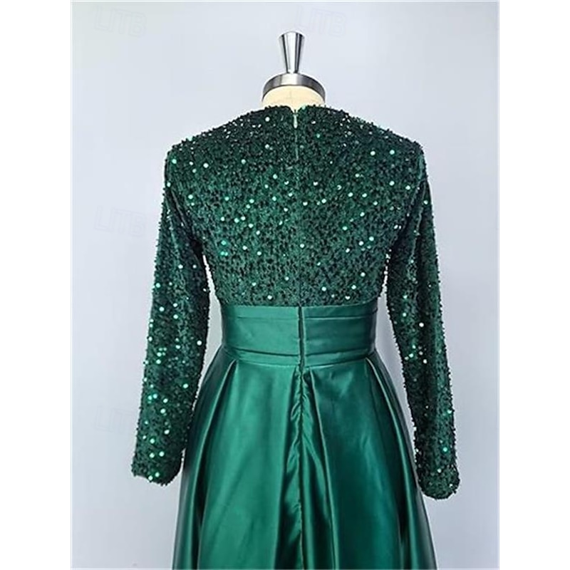 A-Line Sequin Evening Gown Elegant Dress Formal Cocktail Party Court Train Long Sleeve High Neck Fall Wedding Guest3