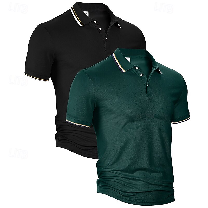 Multi Packs 2pcs Men's Lapel Short Sleeves Green+White Button Up Polos Golf Shirt Golf Polos Shirts Buttons Plain Vacation Daily Wear Polyester Summer3