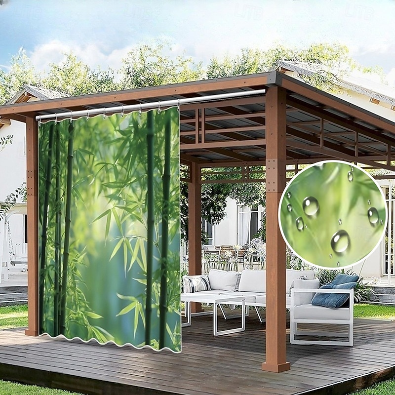 Waterproof Outdoor Curtain Privacy, Sliding Patio Curtain Drapes, Pergola Curtains Grommet 3D Landscape Bamboo Forest For Gazebo, Balcony, Porch, Party, 1 Panel