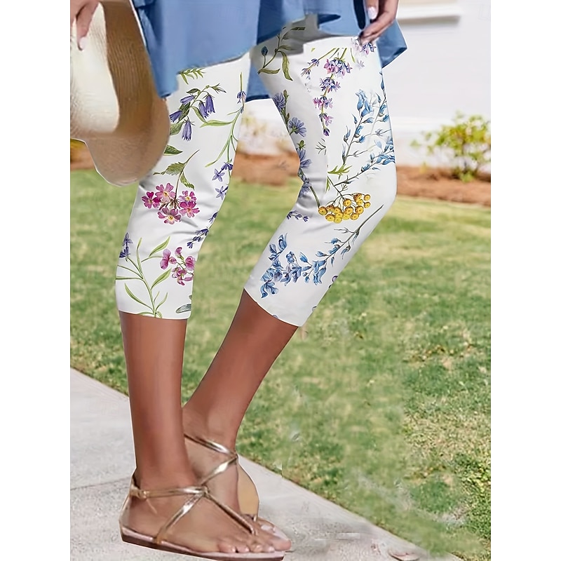 Women's Leggings Capri Pants High Elasticity Vacation Vintage Fashion Calf-Length High Waist Floral Graphic Printing Breathable Soft Stretchy Formal Vacation Office Robin's Egg Blue White