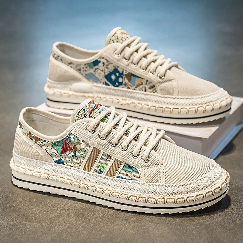 Men's Beige Walking Shoes with Colorful Woven Detailing – Comfortable and Durable Sneakers for Casual and Travel Wear2