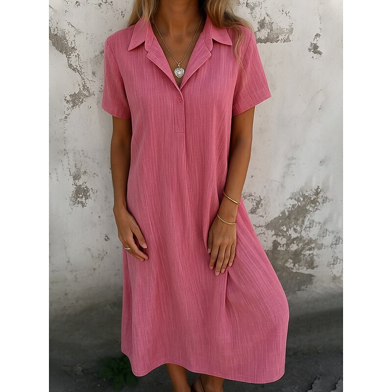 Women's Cotton Linen Midi Dress Sundress Shift Dress Summer Dress Casual Daily Holiday Regular Fit Plain Short Sleeve Lapel Pink Blue Orange Green Summer Spring2