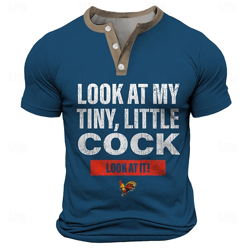 Funny Rooster Pun Men's Graphic T-Shirt: "Look At My Tiny, Little Cock" Design. Short Sleeve, Henley Collar, Red.2
