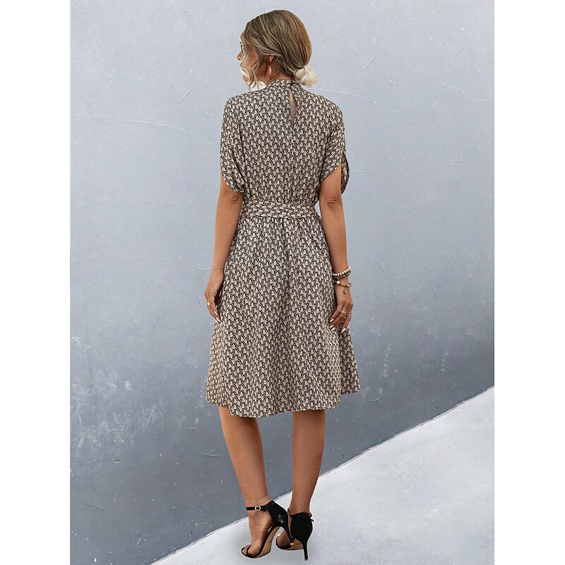 Women's Midi Dress Work Dresses Casual Daily Regular Fit Graphic Plaid Short Sleeve High Neck Black Brown Summer2