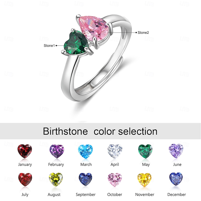 Personalized Birthstone Ring for Her, Adjustable Double Stone Open Design Jewelry, Gift for Mom Wife Girlfriend, Mother's Day Valentine's Day Birthday Anniversary Present