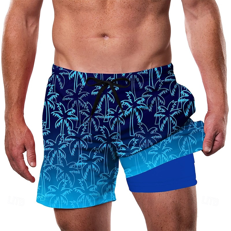 Men's Coconut Tree Tropical Plants Lined Shorts 2 in 1 Board Shorts Swim Shorts Mid Waist Hawaiian Vacation Beach Wear Side Pockets With Compression Liner Elastic Drawstring Waist Designer Clothing2