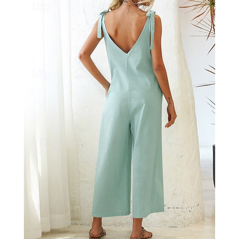 Women's Normal Dungarees Jumpsuit Streetwear Solid Color Sleeveless V Neck Backless Pocket Street Daily Regular Fit Black White Light Green Summer4