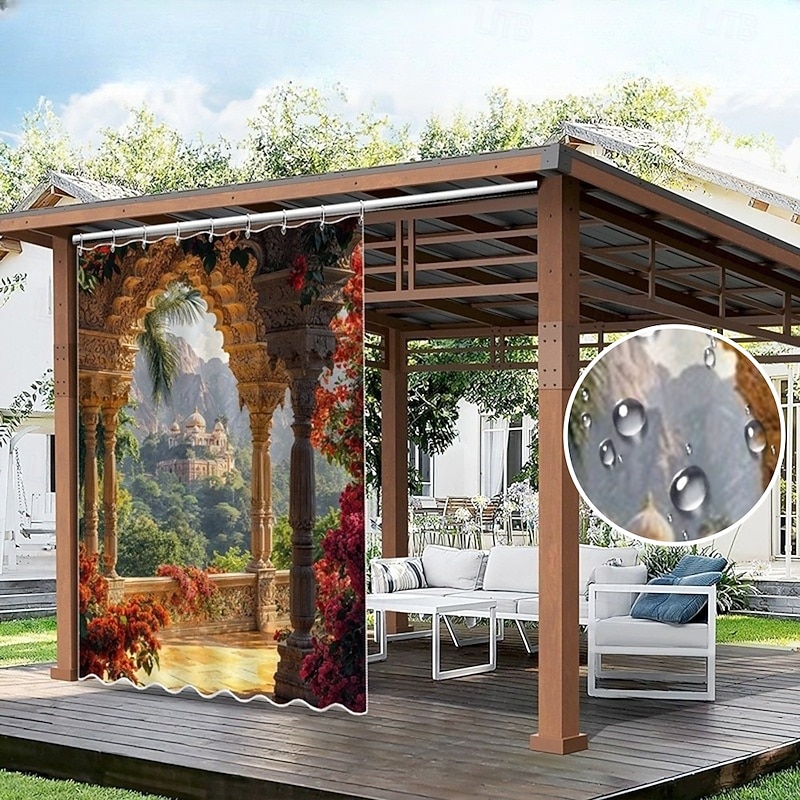 Waterproof Outdoor Curtain Privacy, Sliding Patio Curtain Drapes, Pergola Curtains Grommet 3D Landscape Arch Flower For Gazebo, Balcony, Porch, Party, 1 Panel