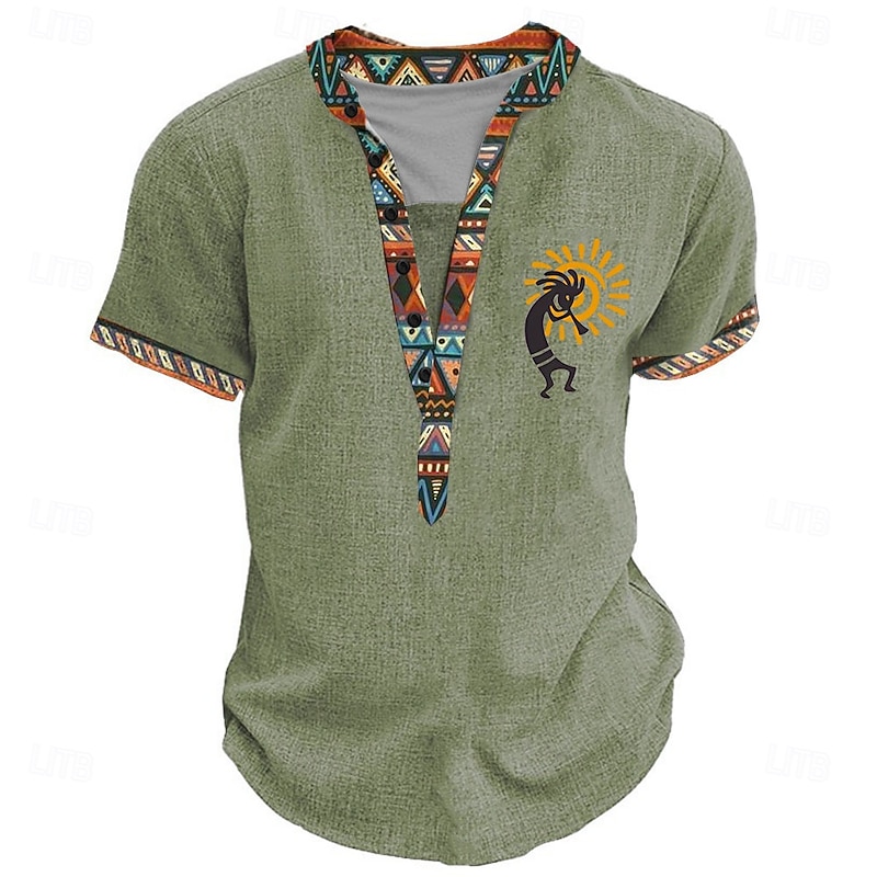 Men's Graphic Tribal Henley Shirt Short Sleeve 3D Print Fashion Designer Basic Street Casual Daily Summer Spring Light Blue Black Light Green Khaki Stand Collar Henley Henley T-Shirt3