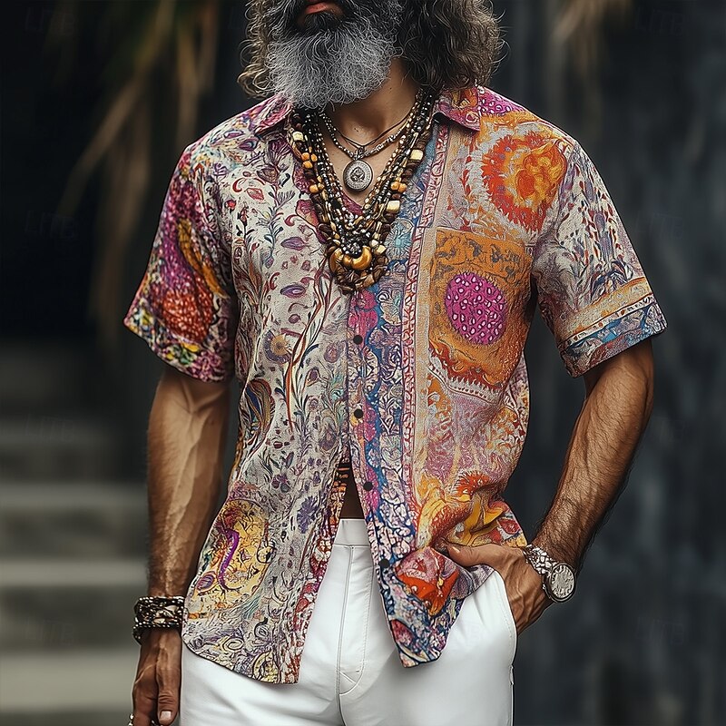 Men's Floral Print Indian Boho Shirt Summer Hawaiian Shirt Button Up Shirt Short Sleeve Hawaiian Vacation Holiday Beach Wear Summer Spring Turndown 3D Print Collared Shirts Apricot