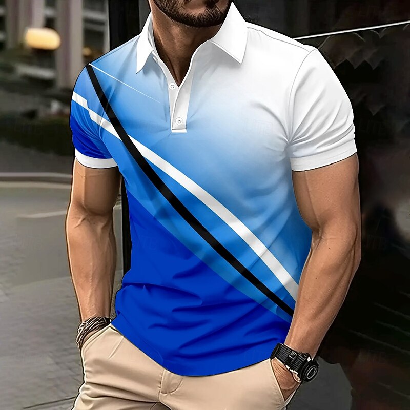 Men's Geometic Line Polo Short Sleeve Polo Shirts Collared Shirts Business Casual School Athleisure Daily Wear 3D Print Summer Blue Orange Green