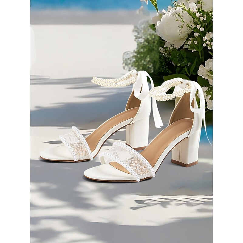 Women's White Bridal Sandals with Lace and Pearl Detailing, Block Heel Design for Beach Weddings and Summer Ceremonies4