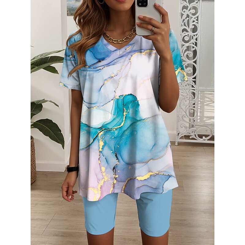 Women's 2 Pieces Fashion T Shirt Shorts Sets Short Sleeve V Neck Graphic Geometric Print Daily Casual Daily Blue Green Summer Regular Fit