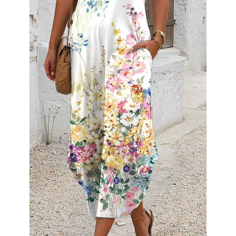 Women's Midi Dress T Shirt Dress Tee Dress Summer Dress Casual Daily Regular Fit Floral Graphic Short Sleeve Crew Neck White Summer3