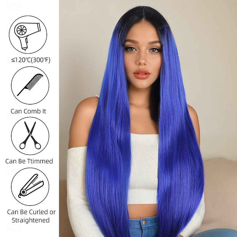 Synthetic Wig kinky Straight Natural Straight Layered Haircut Deep Parting Machine Made Wig 28 inch A1 Synthetic Hair Women's Classic Comfortable Highlighted / Balayage Hair Purple4