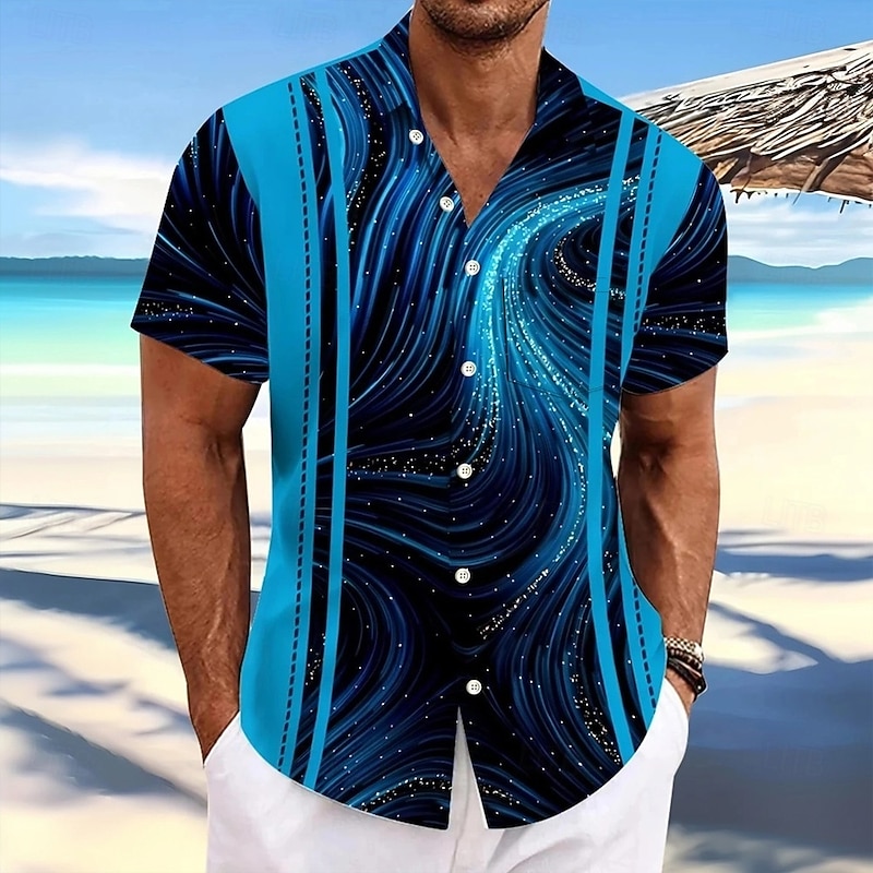 Men's Geometric Striped Gradient Color Shirt Casual Shirt Button Up Shirt Short Sleeve Fashion Casual Outdoor Vacation Dailywear Summer Spring Turndown 3D Print Collared Shirts Front One Pocket Black - Main Image