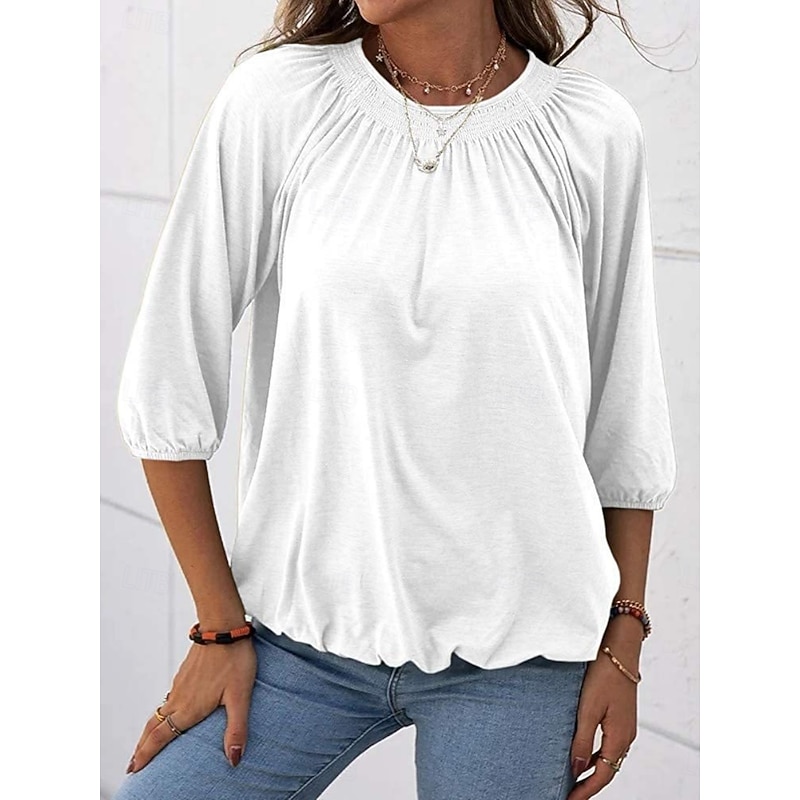 Women's T Shirt Plain Fashion Modern 3/4 Length Sleeve Crew Neck Regular Tops Daily Black White Pink Wine Army Green Summer2