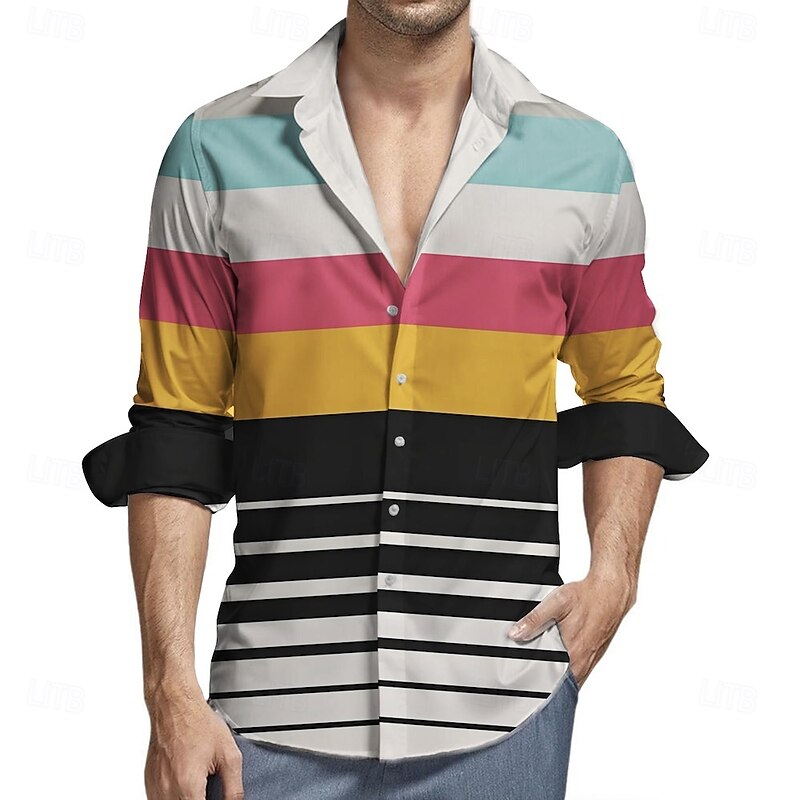 Retro Vintage 1970s Shirt Aloha Shirt Hippie Striped Fancy Dress Men's Masquerade Party Daily Wear Pride Parade Adults' Shirt3