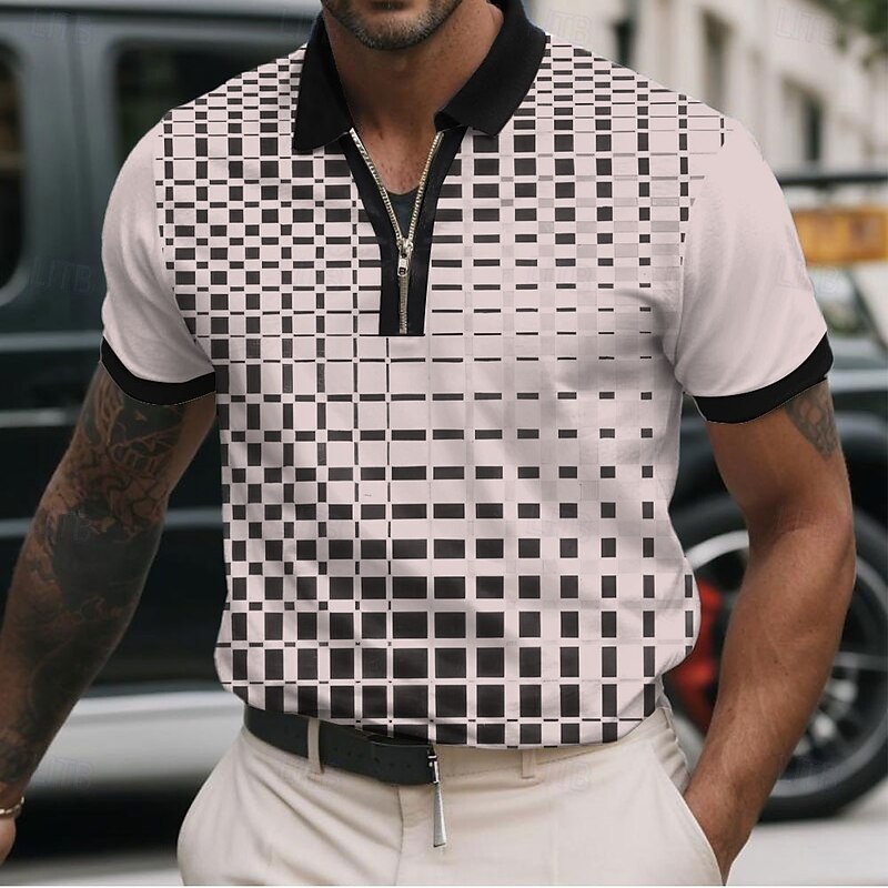 Men's Geometic Line Zip Polo Shirts Short Sleeve Polo Shirts Collared Shirts Business Casual Business Athleisure Wear to work Daily Wear 3D Print Summer Pink Blue Khaki3