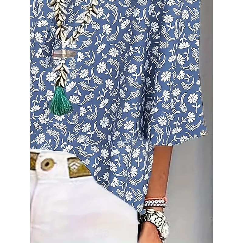 Women's Blouse Button Down Floral Graphic Flower Stylish Beach Short Sleeve V Neck Regular Tops Daily Print Blue Summer Spring3