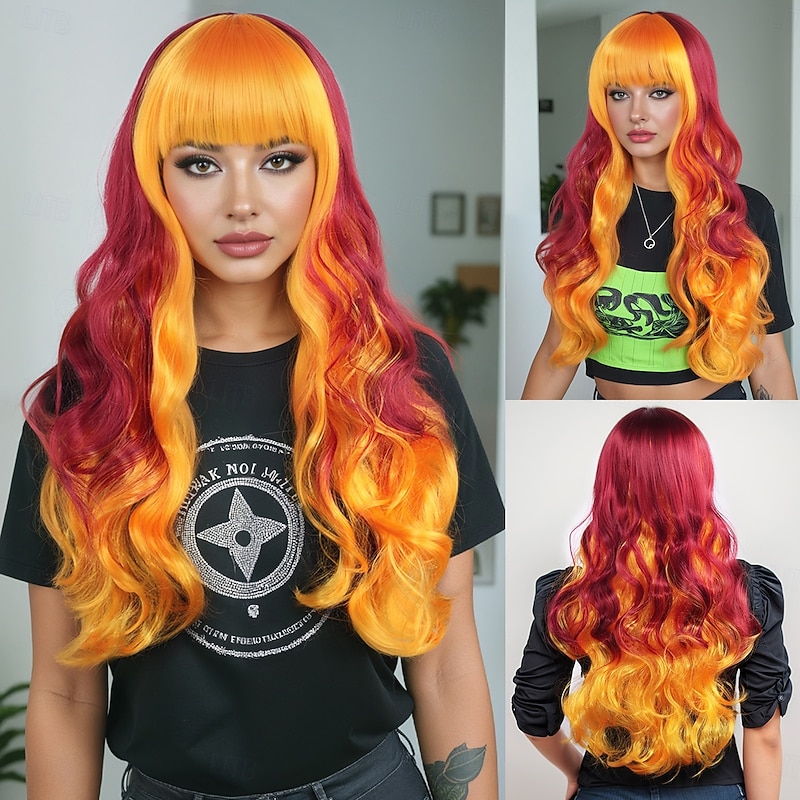 Synthetic Wig Wavy Curly Weave Layered Haircut Neat Bang Machine Made Wig 26 inch A1 Synthetic Hair Women's Cool Classic Comfortable Multi-color