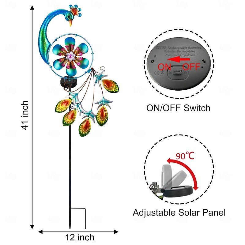 1 Pc Outdoor Solar Metal Peacock Decorative Floor Plug in Light Windmill Courtyard Garden Lawn Path Landscape Light4