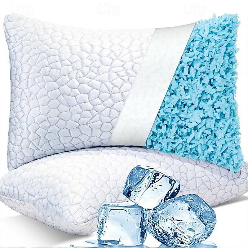 Cooling Pillows for Sleeping Shredded Memory Foam Bed Pillows Queen Size Gel Pillow for Hot Sleepers Cool Pillow for Side Back and Stomach Sleepers, Cold Pillow, Supportive