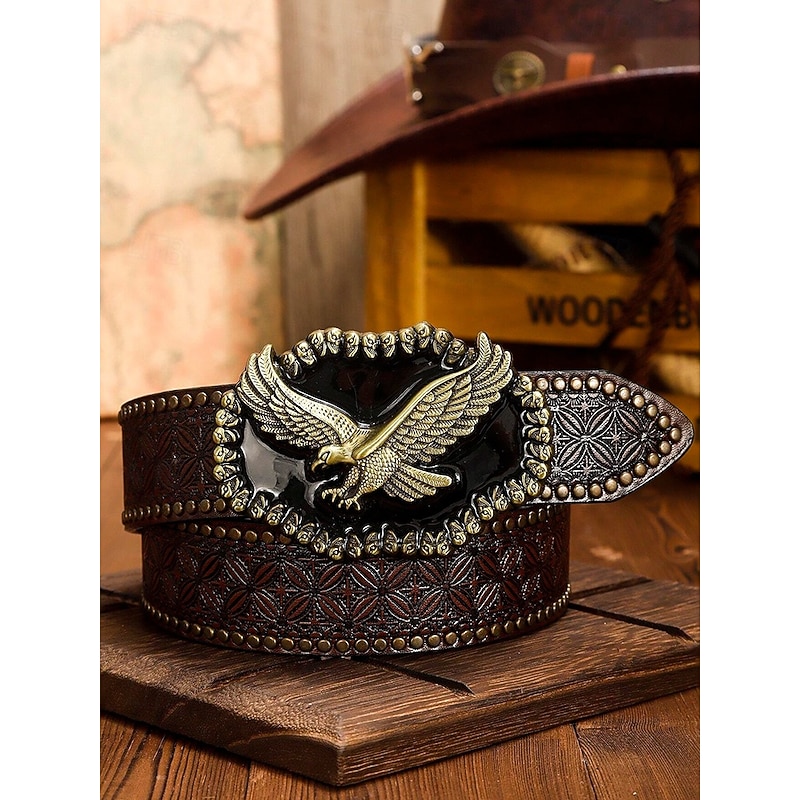 Men's Western Style Leather Belt with Eagle Buckle – Vintage Embossed Design with Rivets, Ideal for Casual and Country Wear3