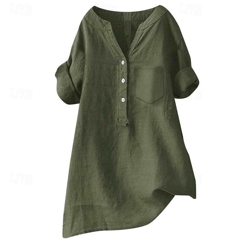 Women's Shirt Cotton Linen Shirts Blouse Plain Modern Casual Long Sleeve V Neck Regular Tops Daily Holiday Going out Buttons Pocket Black White Army Green Beige Summer3