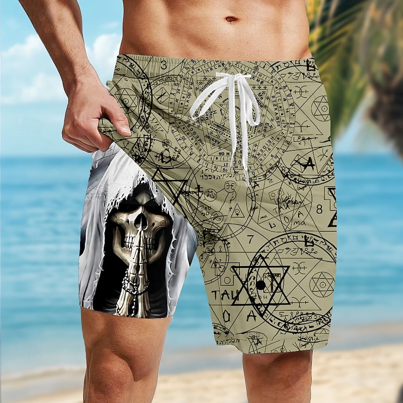 Men's Geometric Skull Gothic Lined Shorts 2 in 1 Board Shorts Swim Shorts Mid Waist Hawaiian Retro Vintage Holiday Side Pockets With Compression Liner Elastic Drawstring Waist Designer Clothing4