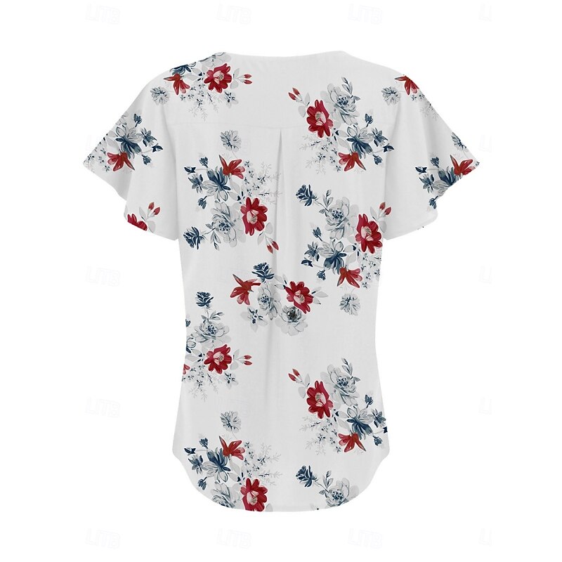 Women's Blouse Summer Tops Floral Stylish Casual Short Sleeve V Neck Regular Tops Daily Print White Blue Gray Light Blue Summer Spring3