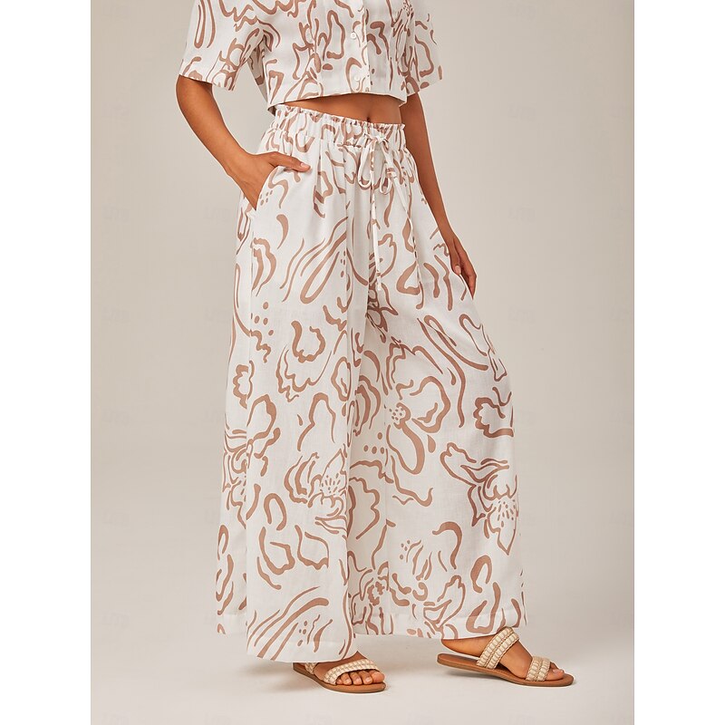 Artistic Print Elastic Tie Waist & Linen-Like Fabric Wide-Leg Pants3