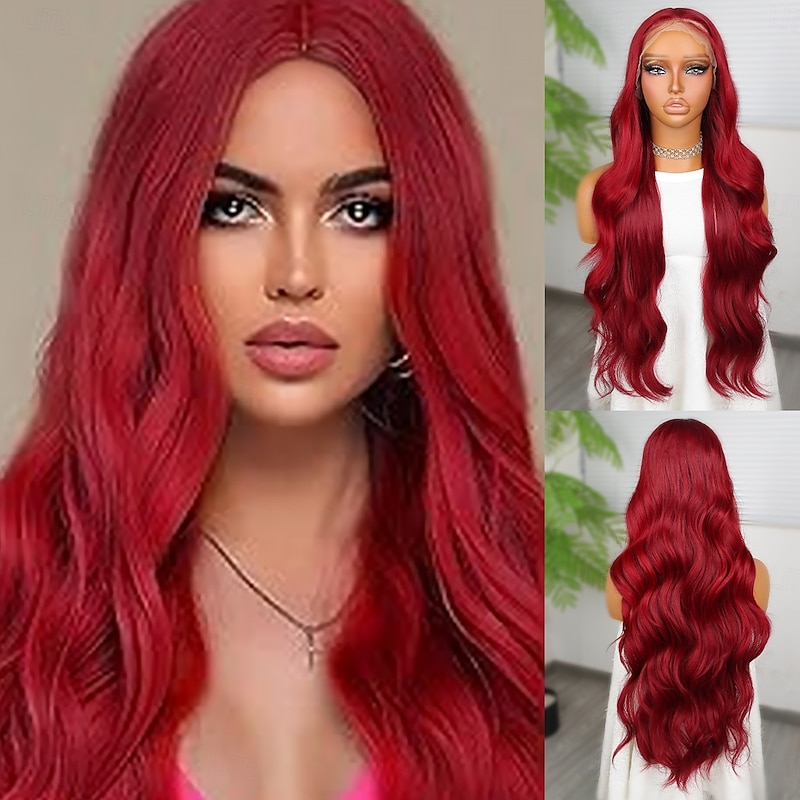 Synthetic Lace Wig Body Wave Style 30 inch Red Middle Part 13x4 Lace Front Wig Women's Wig Wine Red