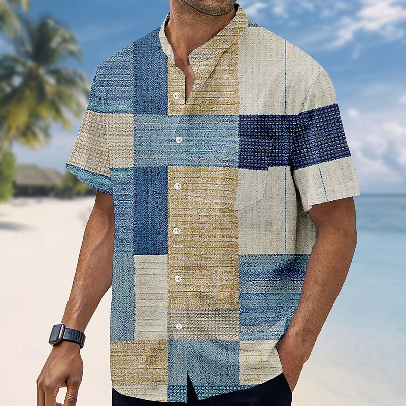 Men's Geometric Color Block Patchwork Shirt Stand Collar Shirt Short Sleeve Casual Vacation Dailywear Summer Mandarin Collar Band Collar Grandad Collar Button Up Front One Pocket Linen Like Shirt Blue