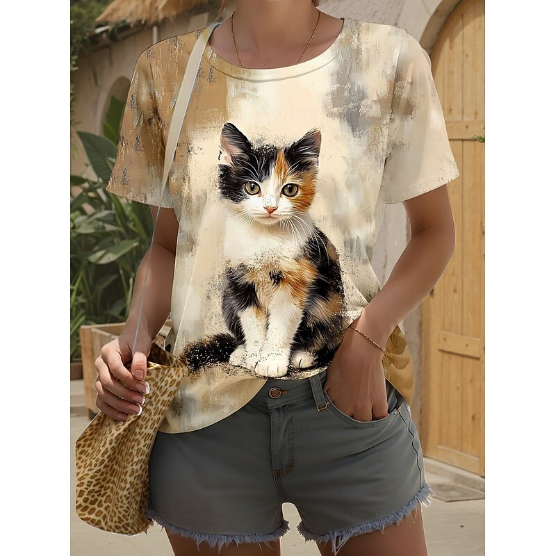 Women's T Shirt Graphic Animal Cat Stylish Classic Modern Short Sleeve Crew Neck Round Neck Regular Tops Daily Going out Weekend Print Light Brown Summer Spring