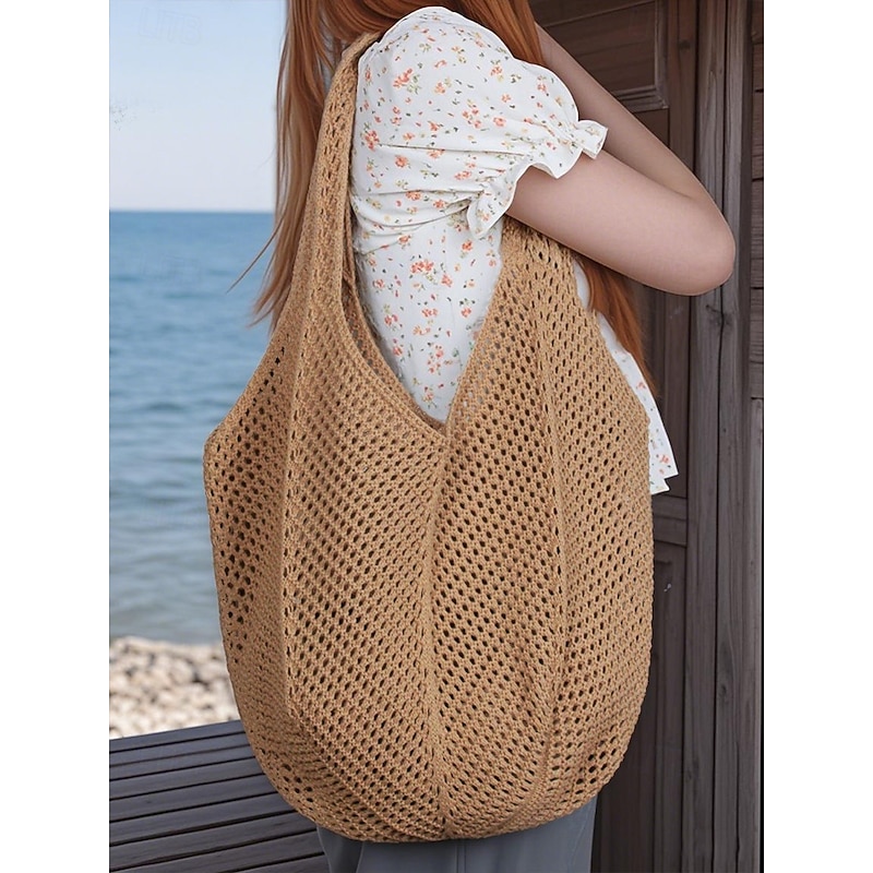 Women's Tote Hobo Bag Shoulder Bags Polyester Mesh Shopping Casual Daily Beach Large Capacity Lightweight Solid Color Black Yellow Red2