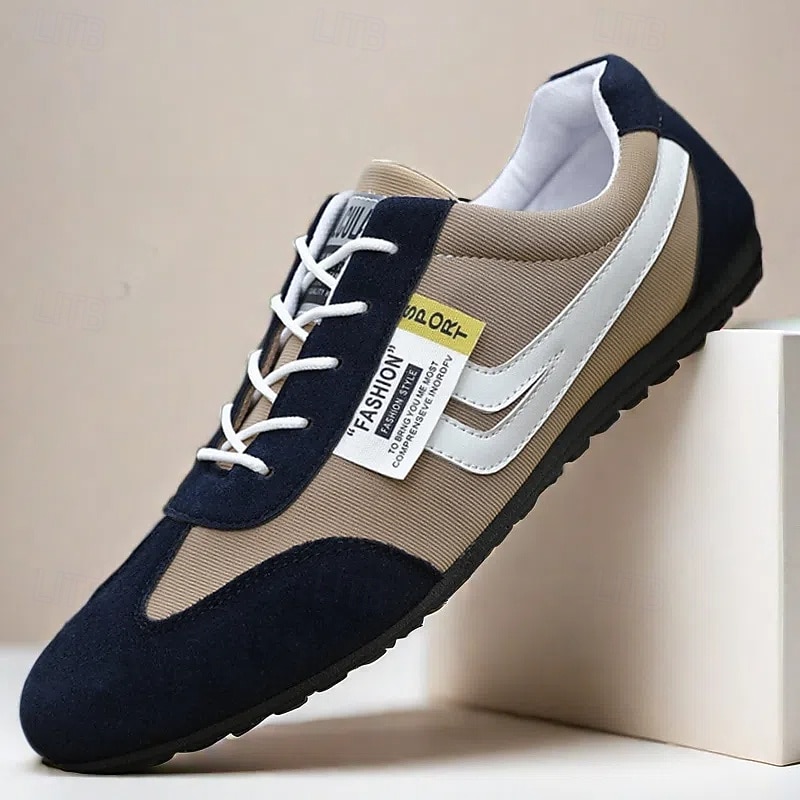 Men's Casual Beige and White Sneakers – Breathable Nylon Lace-Up Shoes for Relaxed Outings and Casual Occasions