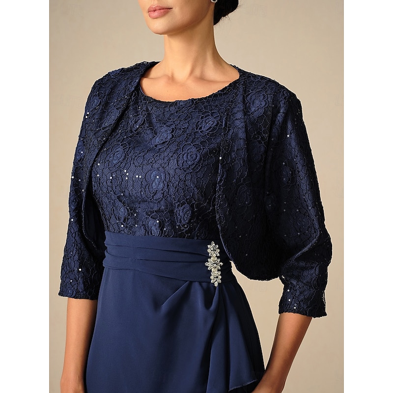 Women's Wedding Guest Cocktail Dress Set Chiffon Lace Patchwork Elegant Spring Fall Midi Dress Crew Neck 3/4 Length Sleeve Navy Blue2