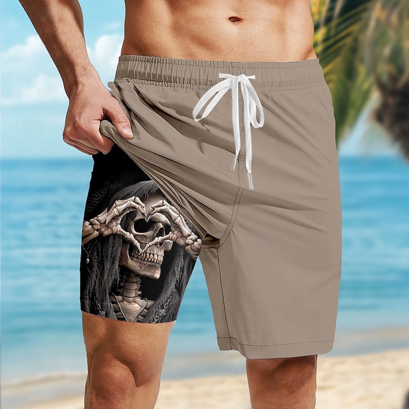 Men's Skull Heart-shaped Gothic Lined Shorts 2 in 1 Board Shorts Swim Shorts Mid Waist Hawaiian Retro Vintage Holiday Side Pockets With Compression Liner Elastic Drawstring Waist Designer Clothing